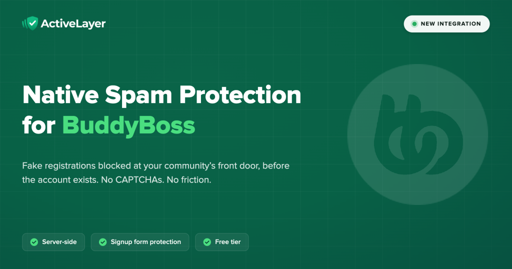 ActiveLayer for BuddyBoss announcement card: native spam protection for BuddyBoss Platform signups