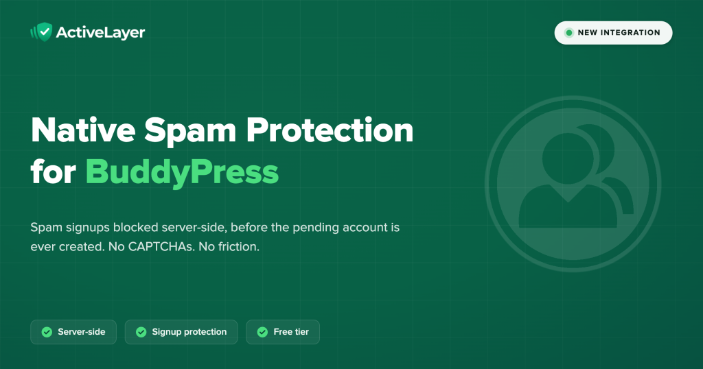 ActiveLayer for BuddyPress announcement card: native spam protection for BuddyPress signups