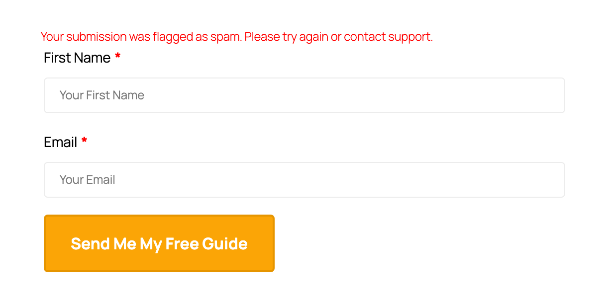 FunnelKit opt-in form showing an inline error blocking a fake lead submission