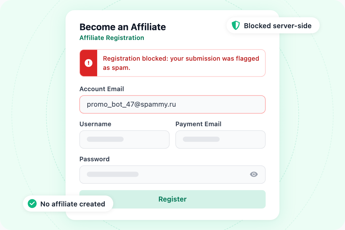 AffiliateWP affiliate registration form showing an inline error blocking a fake affiliate signup attempt
