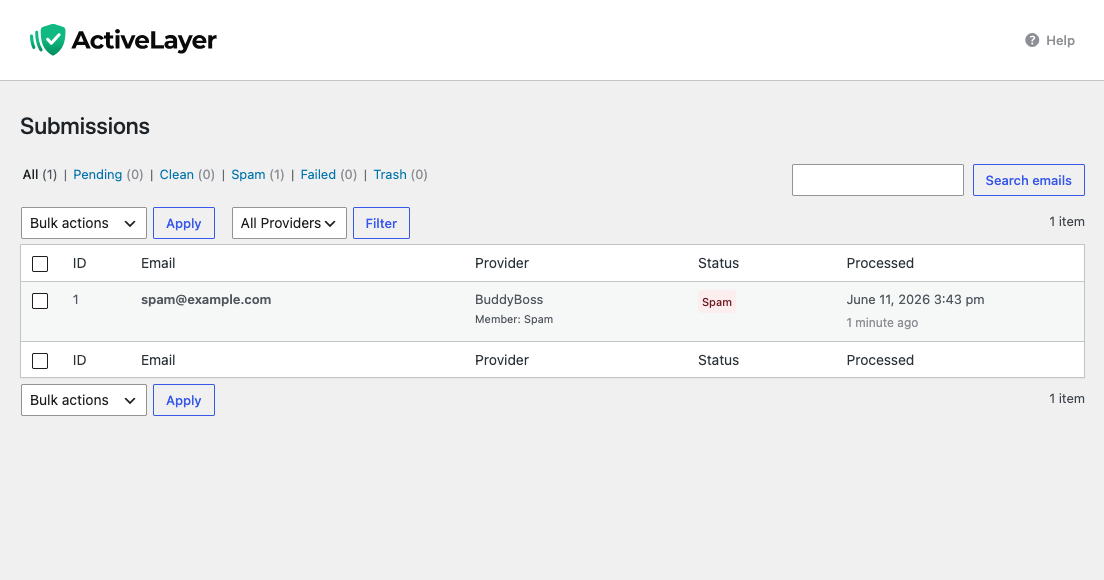 ActiveLayer Submissions log showing a blocked BuddyBoss signup attempt labelled as Member