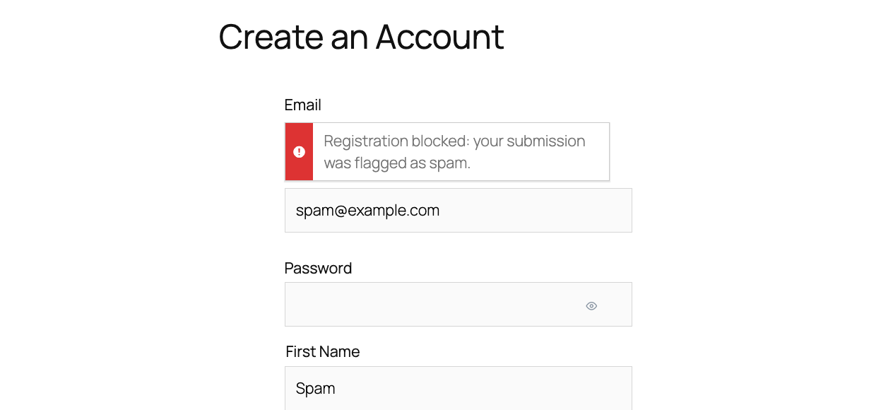 BuddyBoss Platform signup page showing an inline error blocking a fake registration attempt
