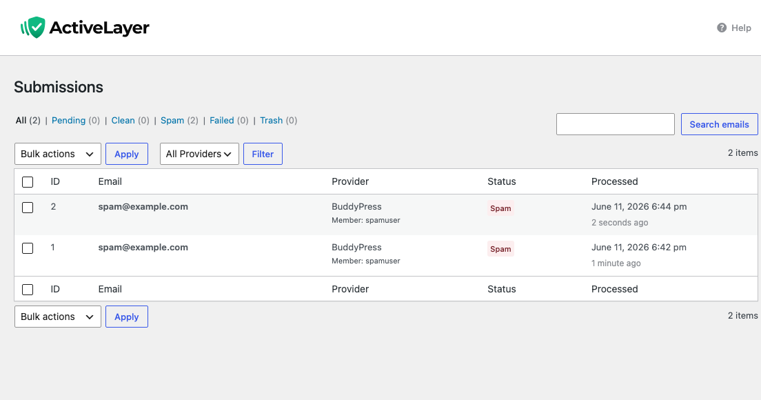 ActiveLayer Submissions log listing a blocked BuddyPress signup labelled Member with the attempted username