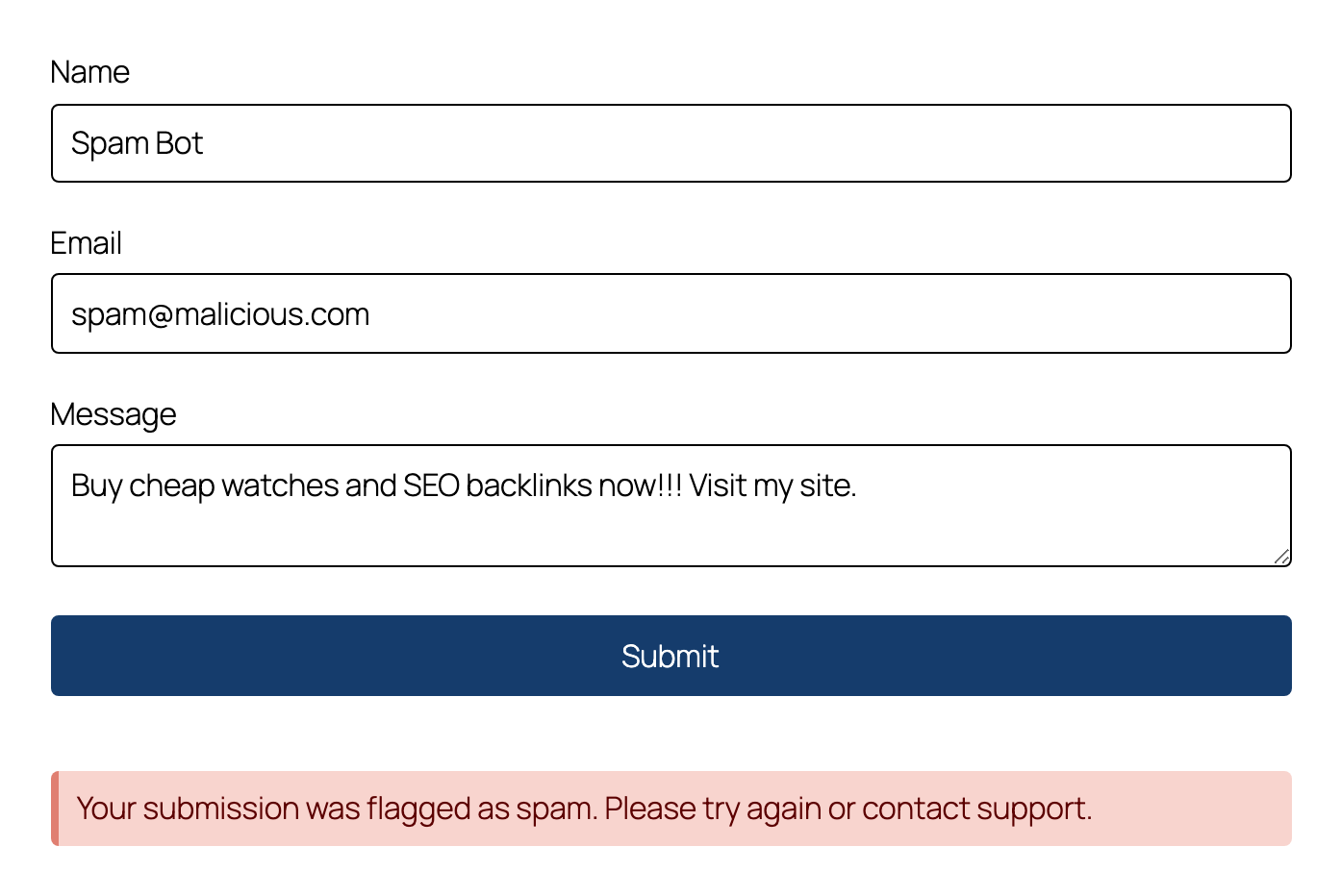 A WS Form front-end contact form showing an inline message blocking a spam submission before the entry is saved