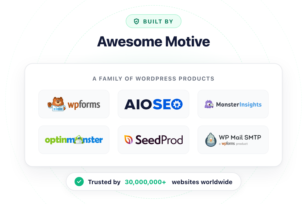 Built by Awesome Motive — the team behind WPForms, AIOSEO, MonsterInsights, OptinMonster, SeedProd, and WP Mail SMTP — trusted by 30,000,000+ websites