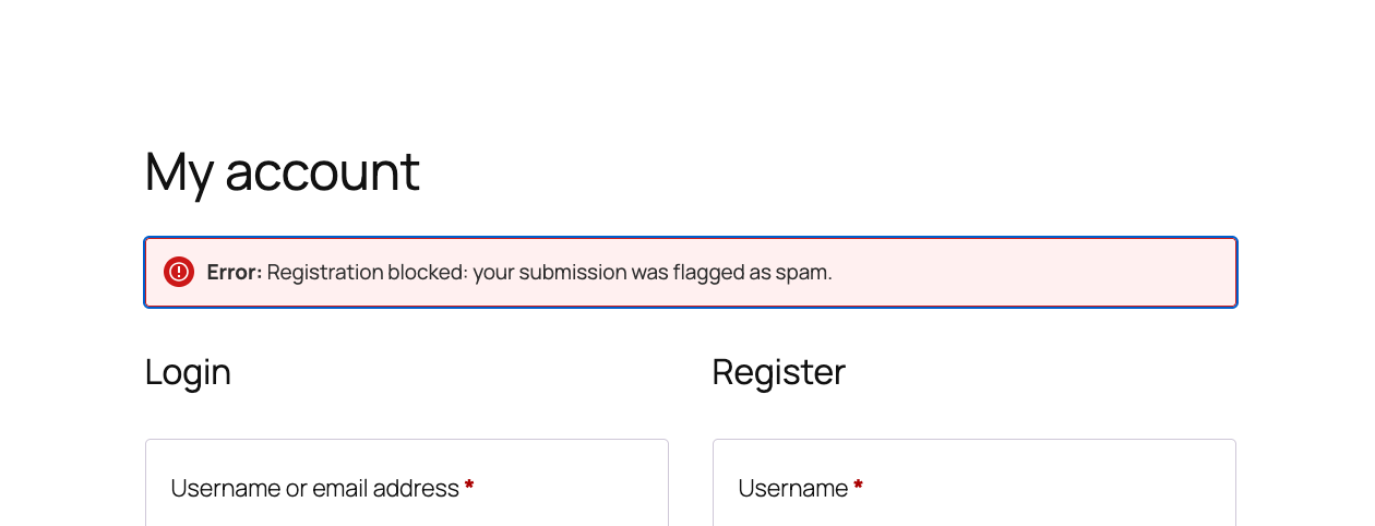 WooCommerce My Account page showing an inline error blocking a fake registration attempt