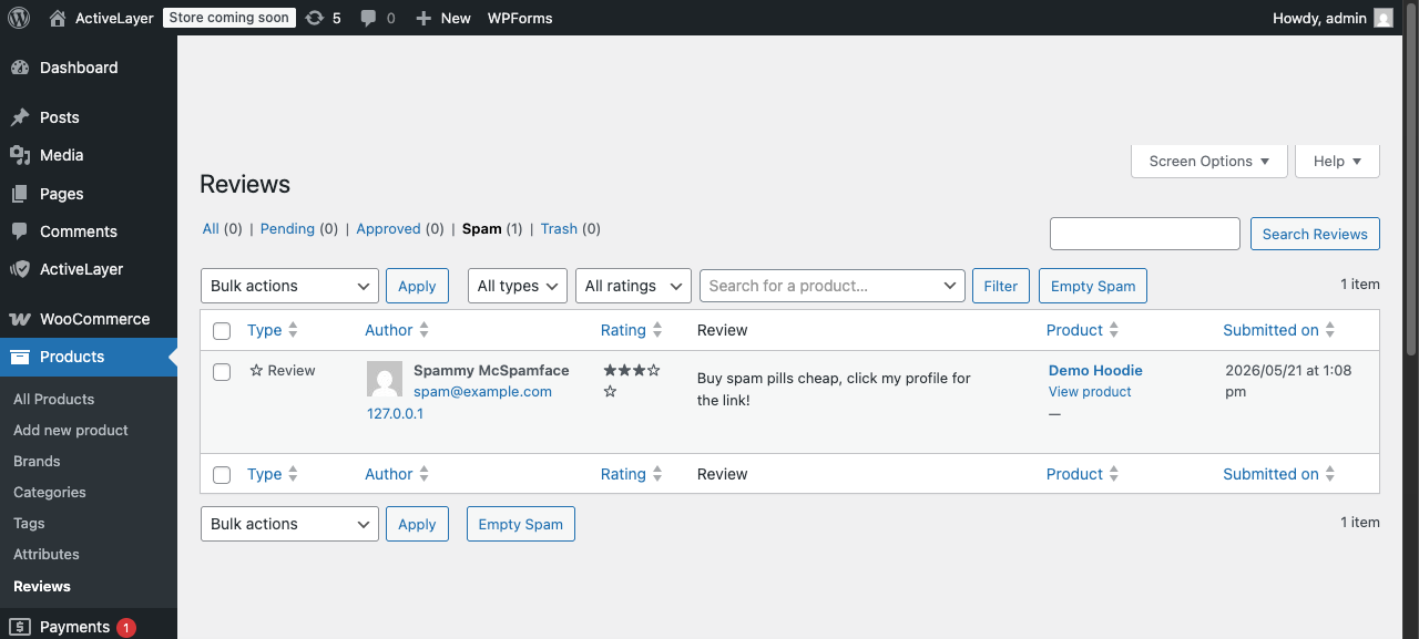 WordPress Comments spam folder showing a product review flagged as spam by ActiveLayer