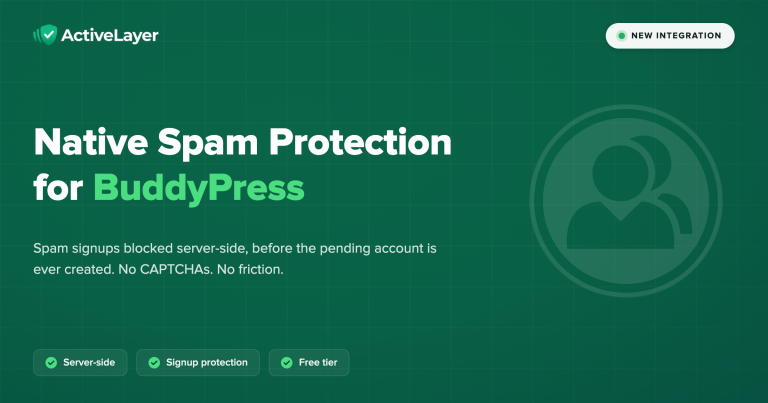 ActiveLayer for BuddyPress announcement card: native spam protection for BuddyPress signups