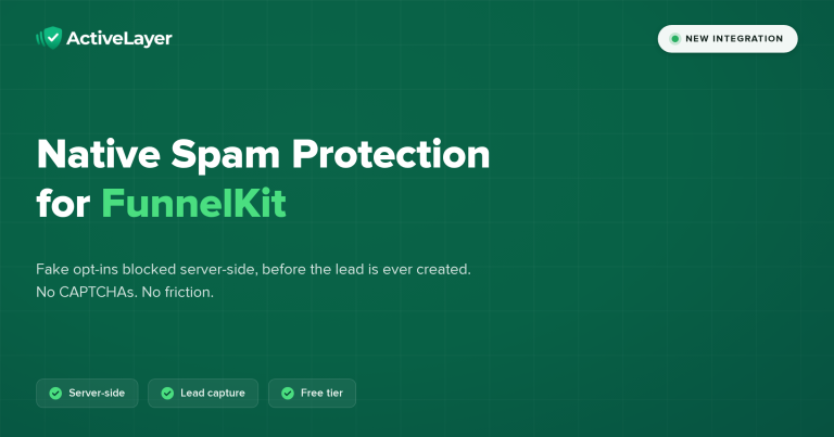 ActiveLayer hero: 'Native Spam Protection for FunnelKit' on a green grid banner with logo and a New Integration tag at top right.