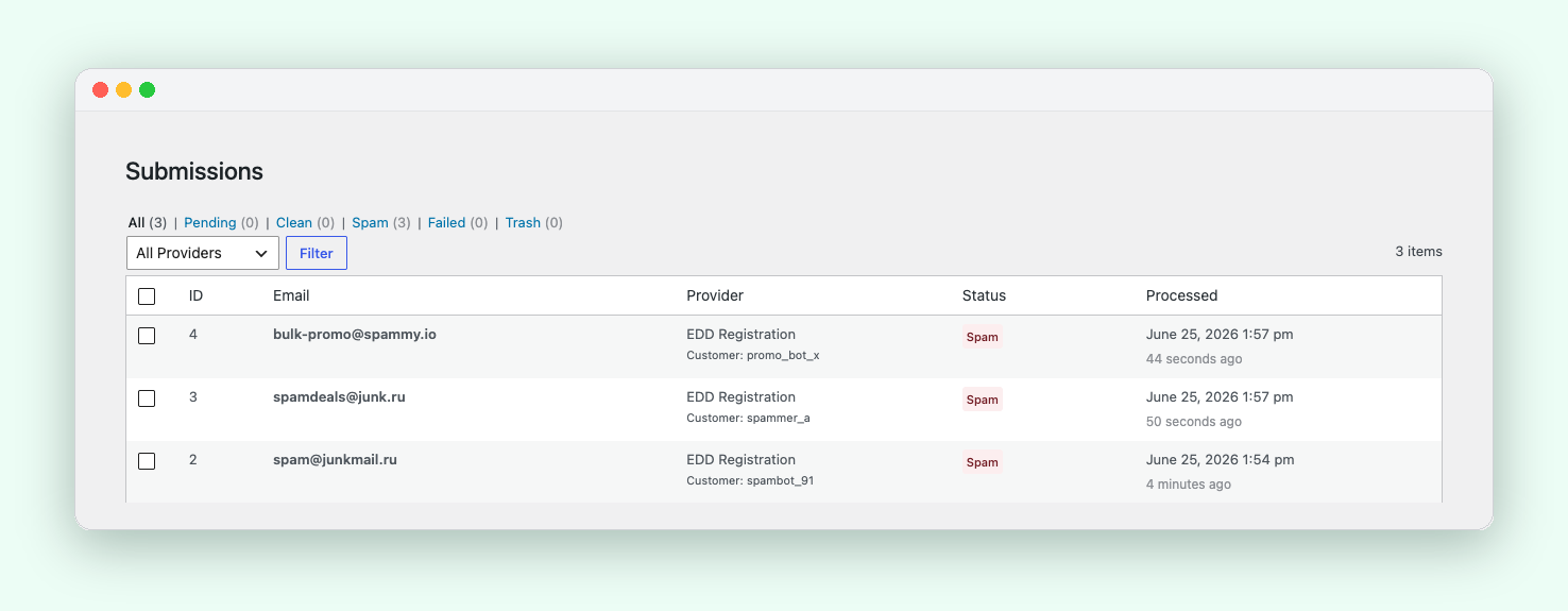 ActiveLayer Submissions log showing a blocked Easy Digital Downloads review and a blocked registration