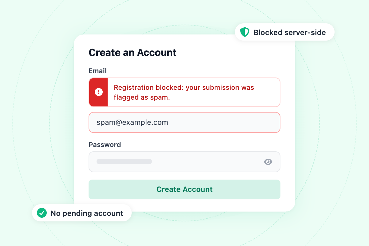 Illustration of a BuddyBoss registration form blocked by ActiveLayer with the message: Registration blocked: your submission was flagged as spam.