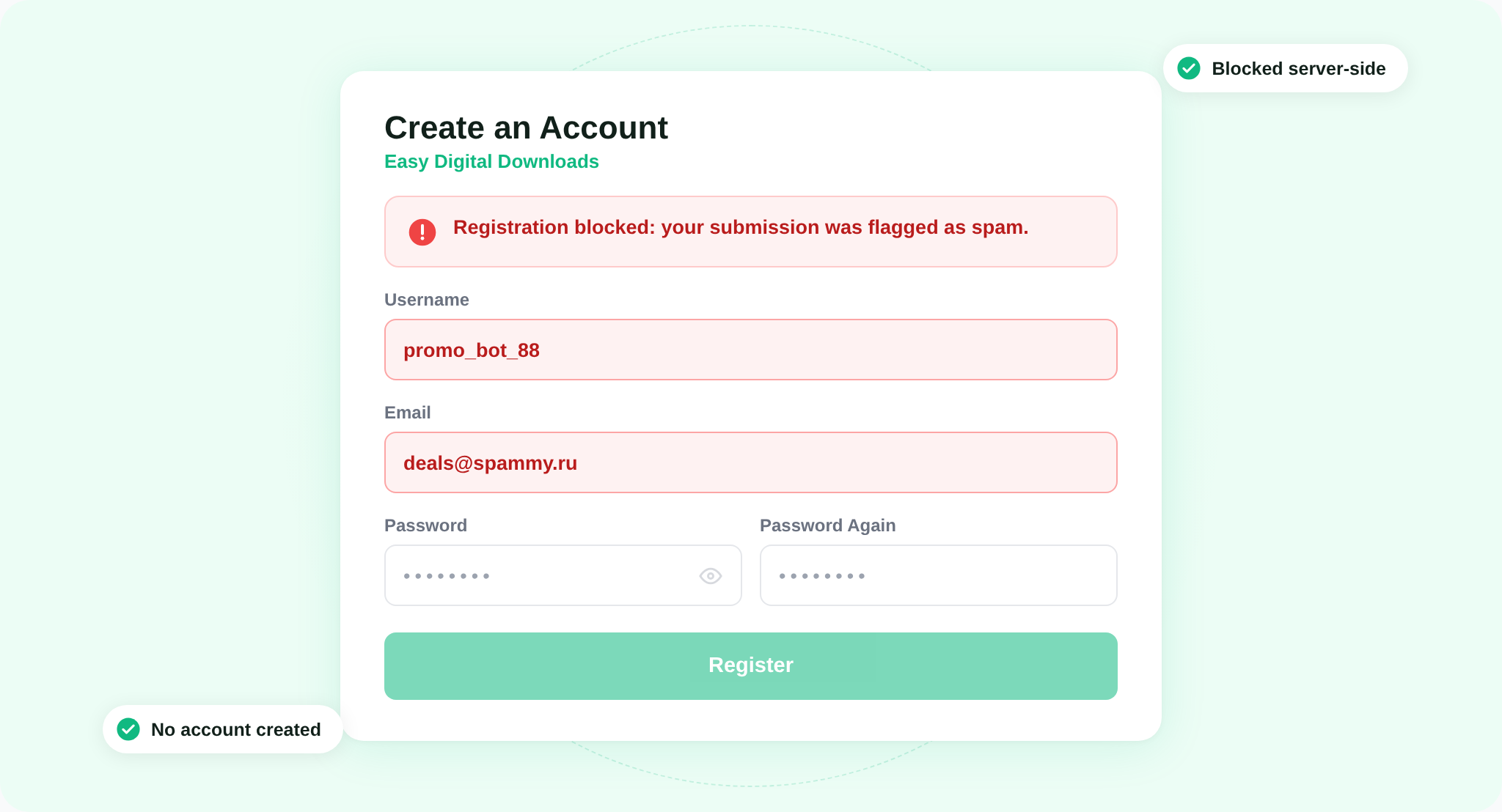 An Easy Digital Downloads Create an Account form showing an inline error blocking a spam registration