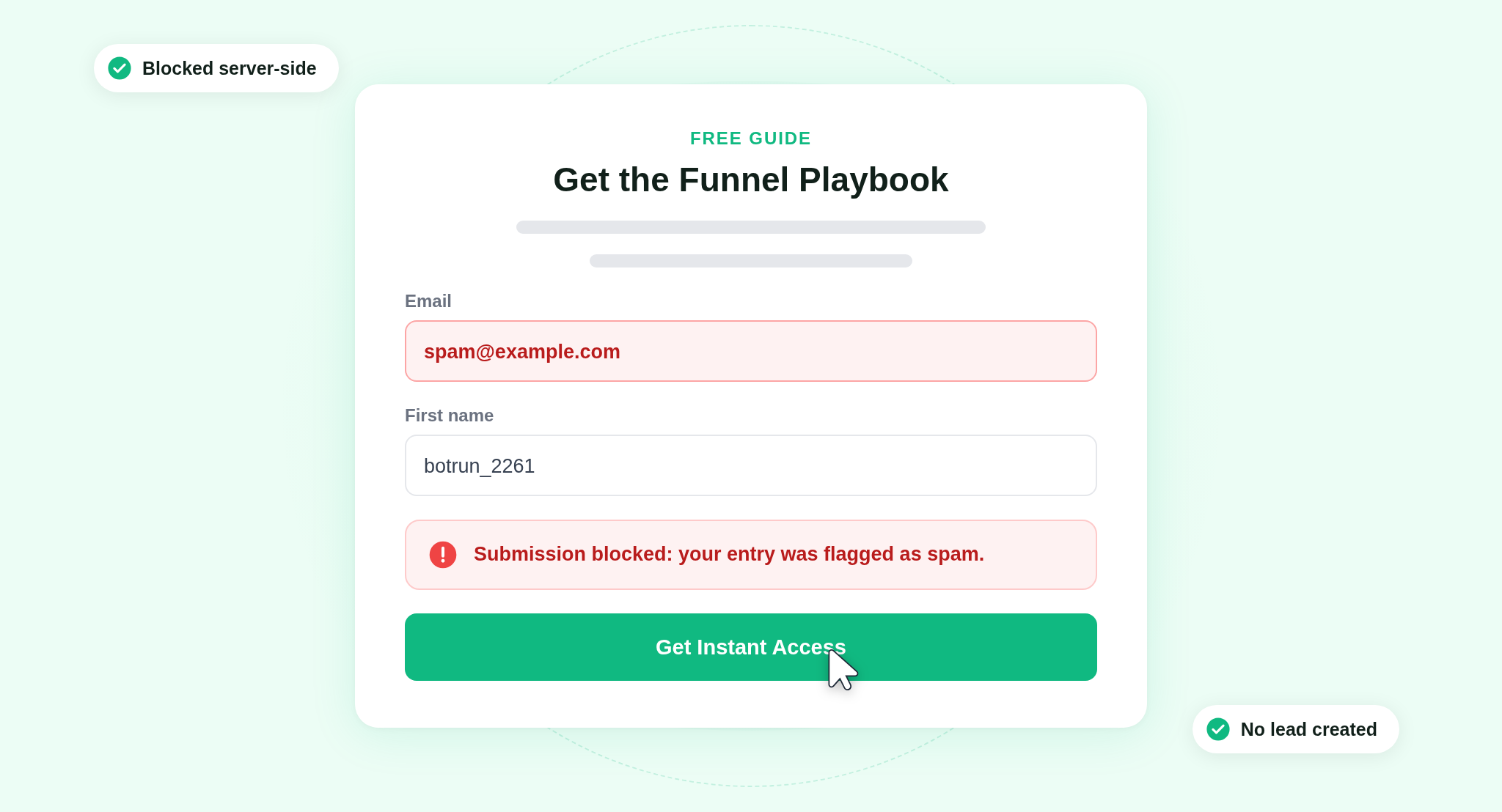 FunnelKit opt-in form showing an inline error blocking a fake lead submission