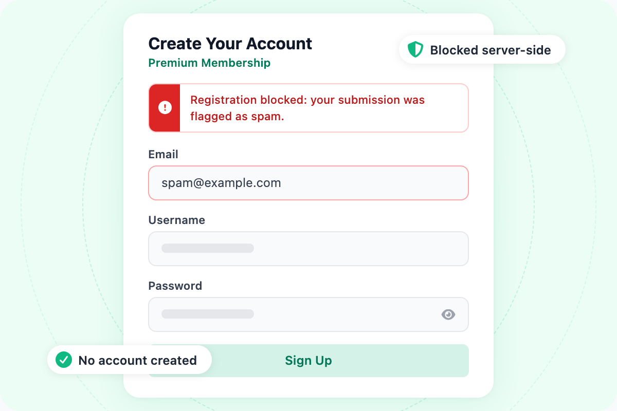 MemberPress membership checkout showing an inline error blocking a fake registration attempt