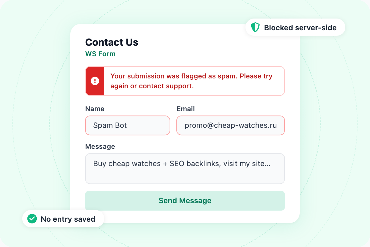 WS Form contact form showing an inline message blocking a spam submission