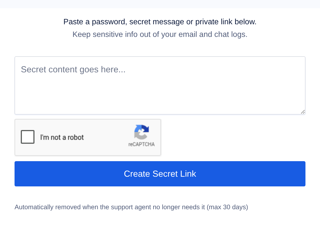 The SupportAlly Secrets form with an empty text box, an 'I'm not a robot' checkbox, and a 'Create Secret Link' button