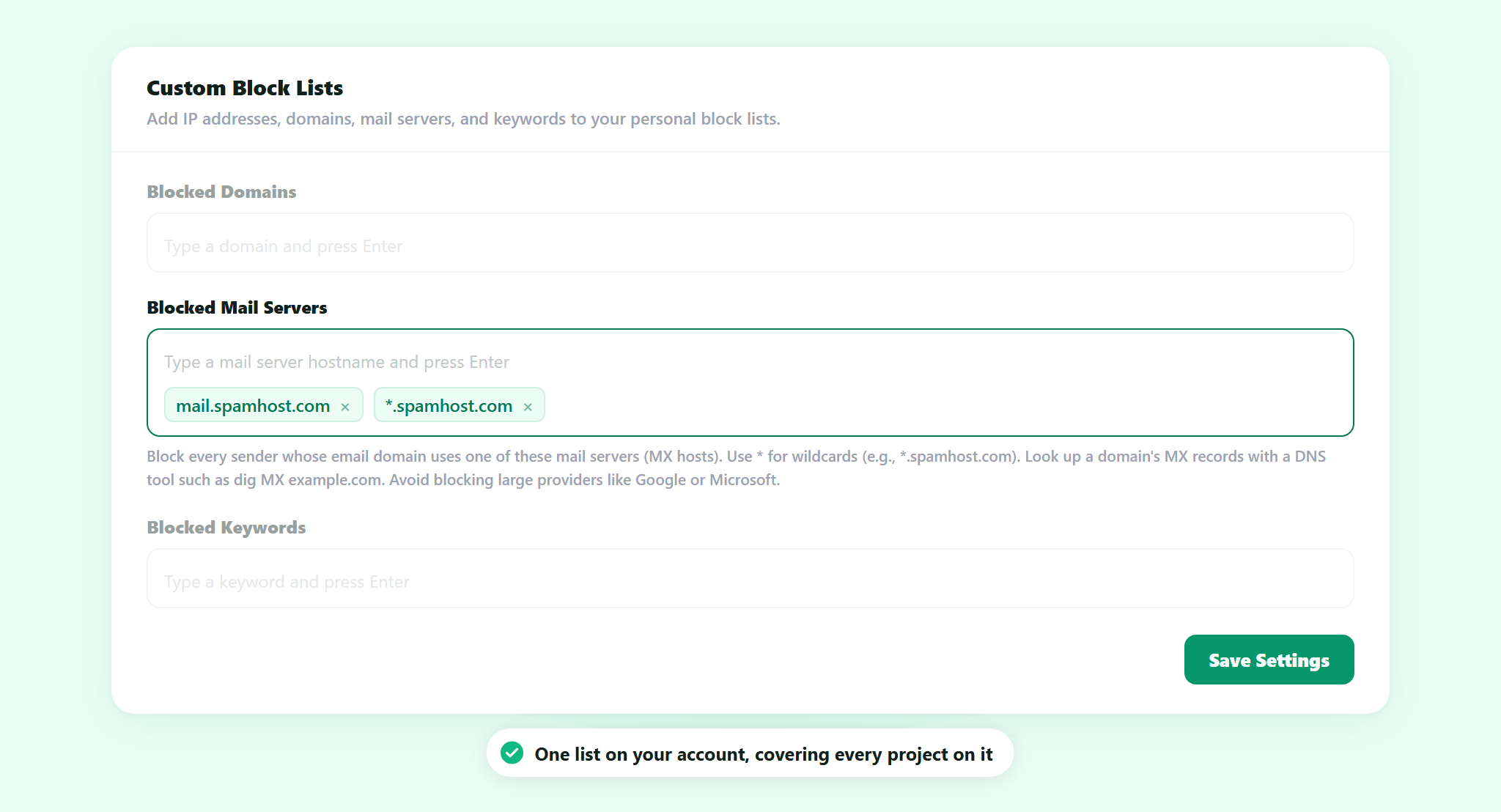 The Blocked Mail Servers field in ActiveLayer Spam Settings, holding a specific mail hostname and a wildcard entry, with Blocked Domains above it and Blocked Keywords below