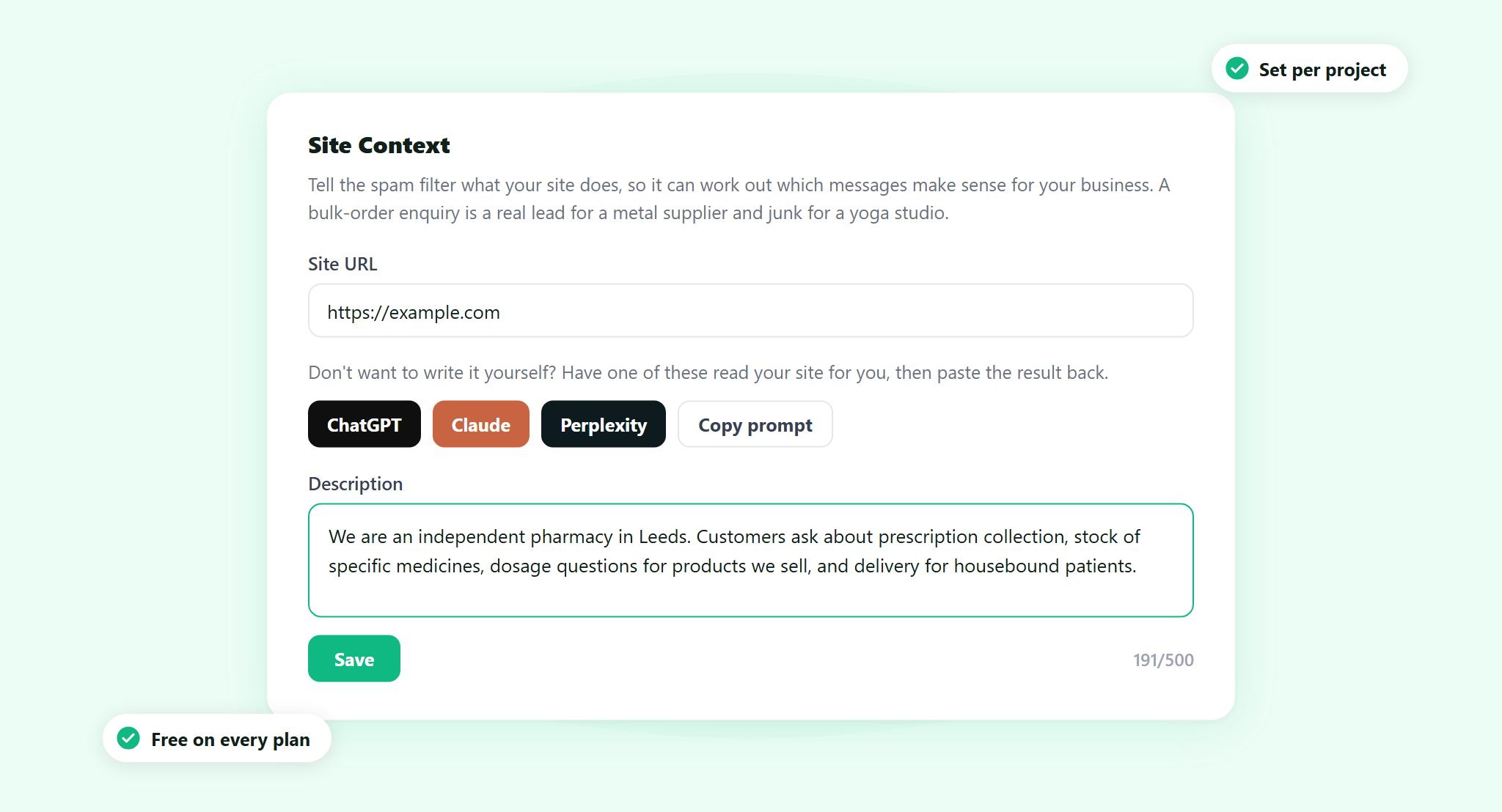 The Site Context panel in ActiveLayer project settings: the Site URL field, the ChatGPT, Claude and Perplexity generate buttons, and a completed description with its character counter