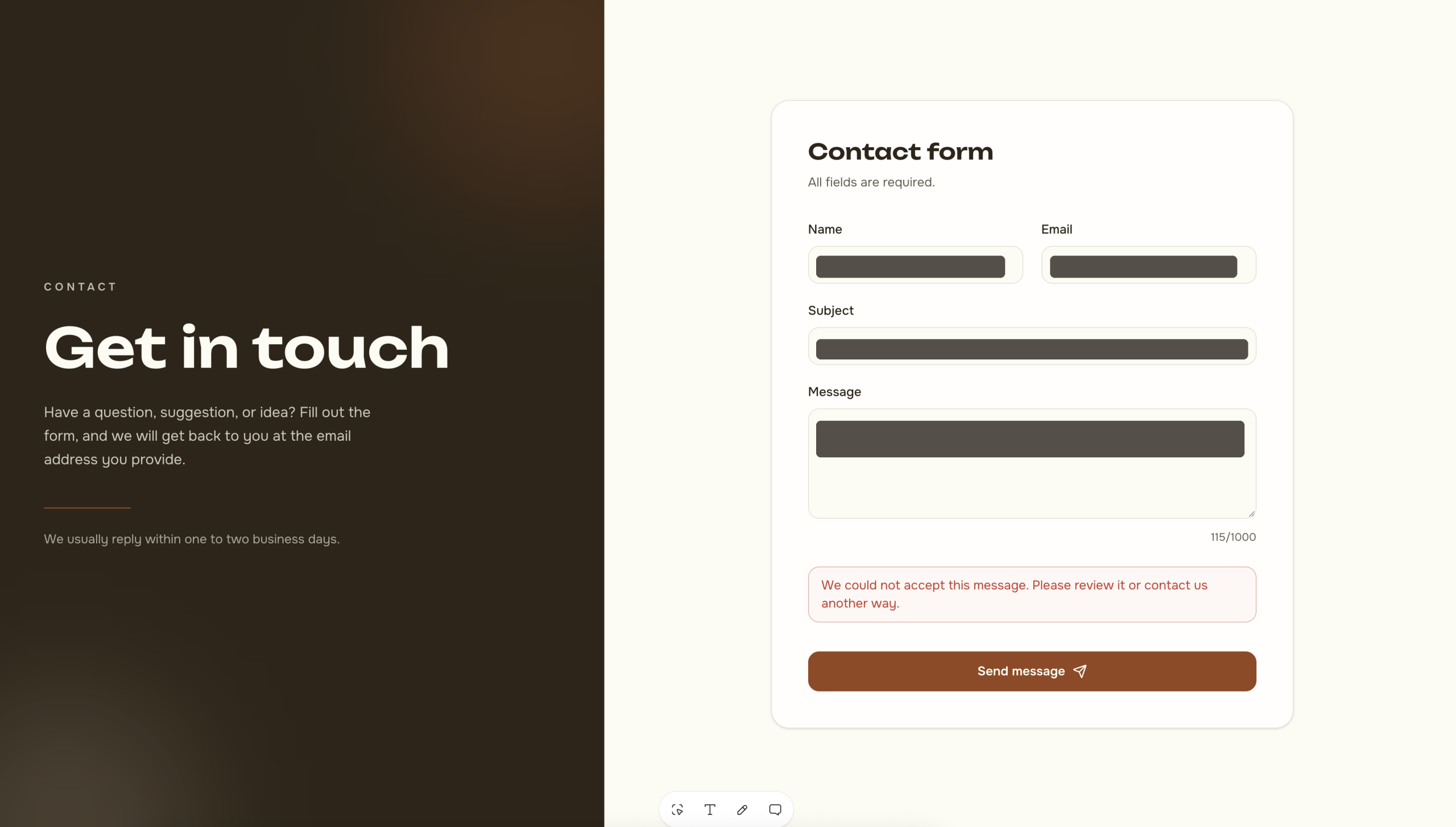 A Lovable demo contact form displaying an inline message after a blocked test submission; entered test data redacted