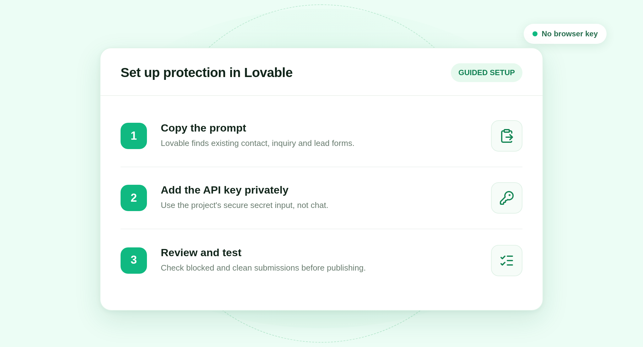 Three-step Lovable setup diagram: copy the prompt, add a server-side API key, and review and test the form
