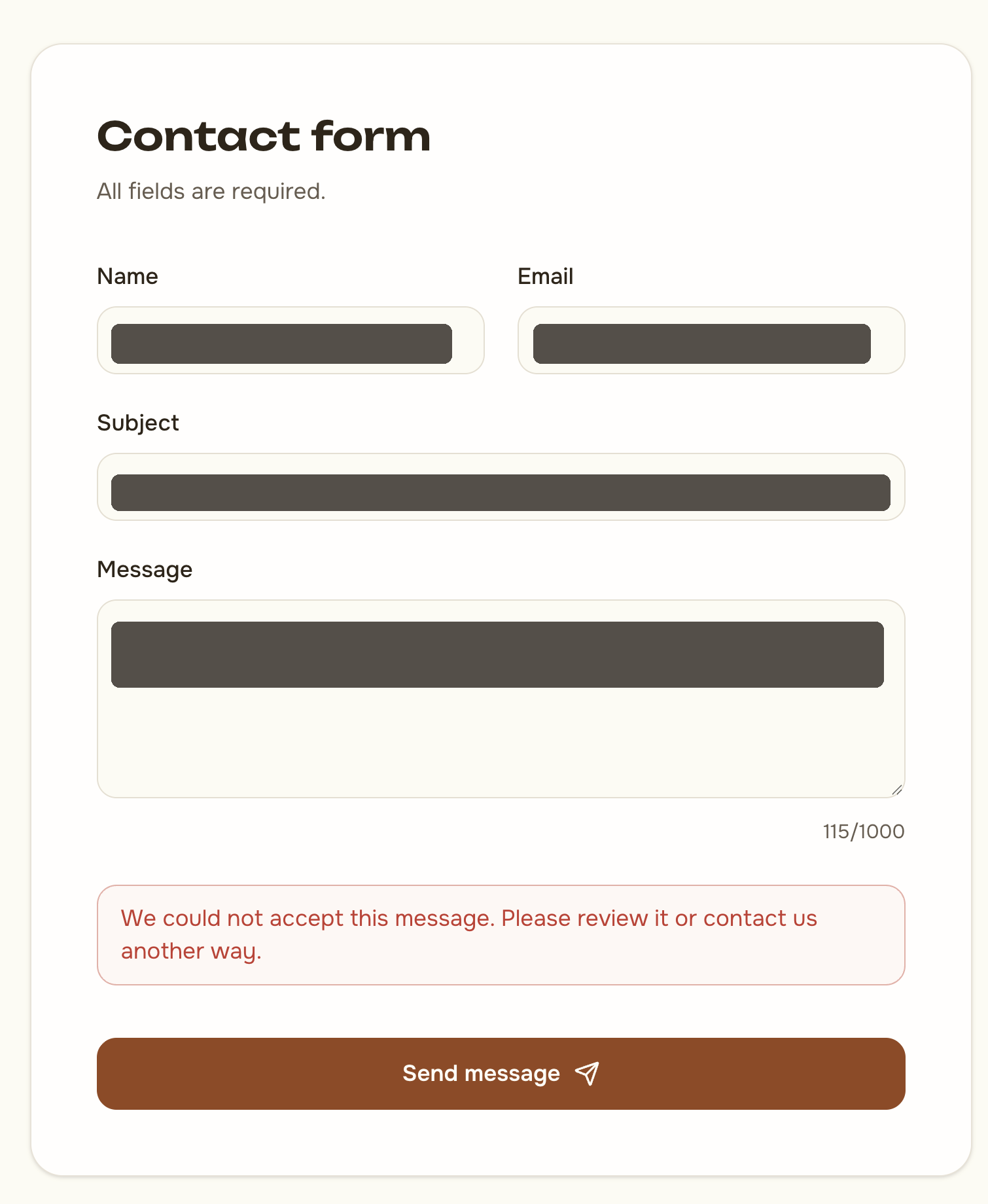 Redacted Lovable preview contact form showing an inline error after a blocked test submission.