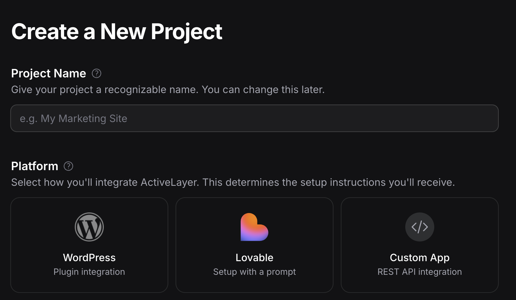 ActiveLayer project creation screen with Lovable listed as a setup-with-a-prompt platform.